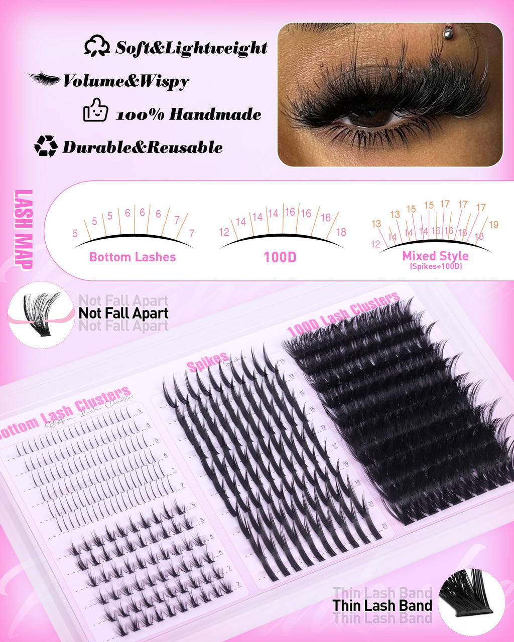 Boahankuke Lash Clusters Kit with Spikes — 380Pcs, 4 Styles, 2-in-1 Bond & Seal, Tweezers