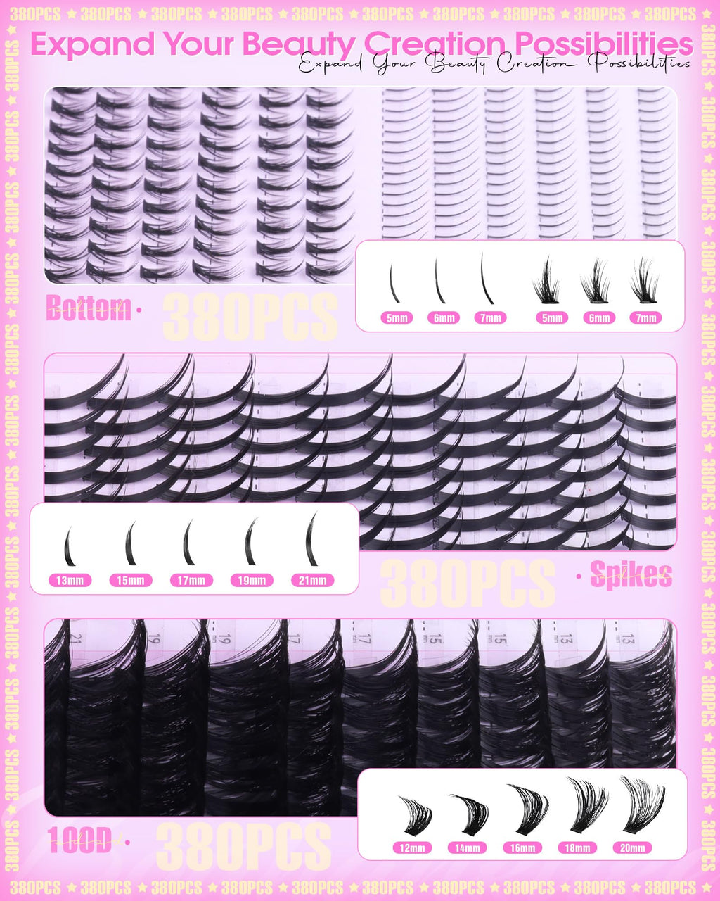 Boahankuke Lash Clusters Kit with Spikes — 380Pcs, 4 Styles, 2-in-1 Bond & Seal, Tweezers