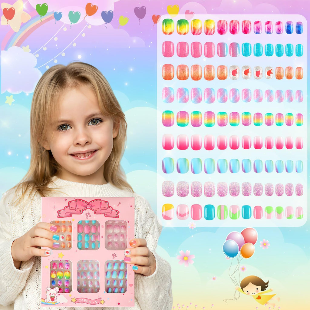 BOARDFEB 216Pcs Kids Press-On Nails – 9-Box Gradient Style Short Full-Cover Nails