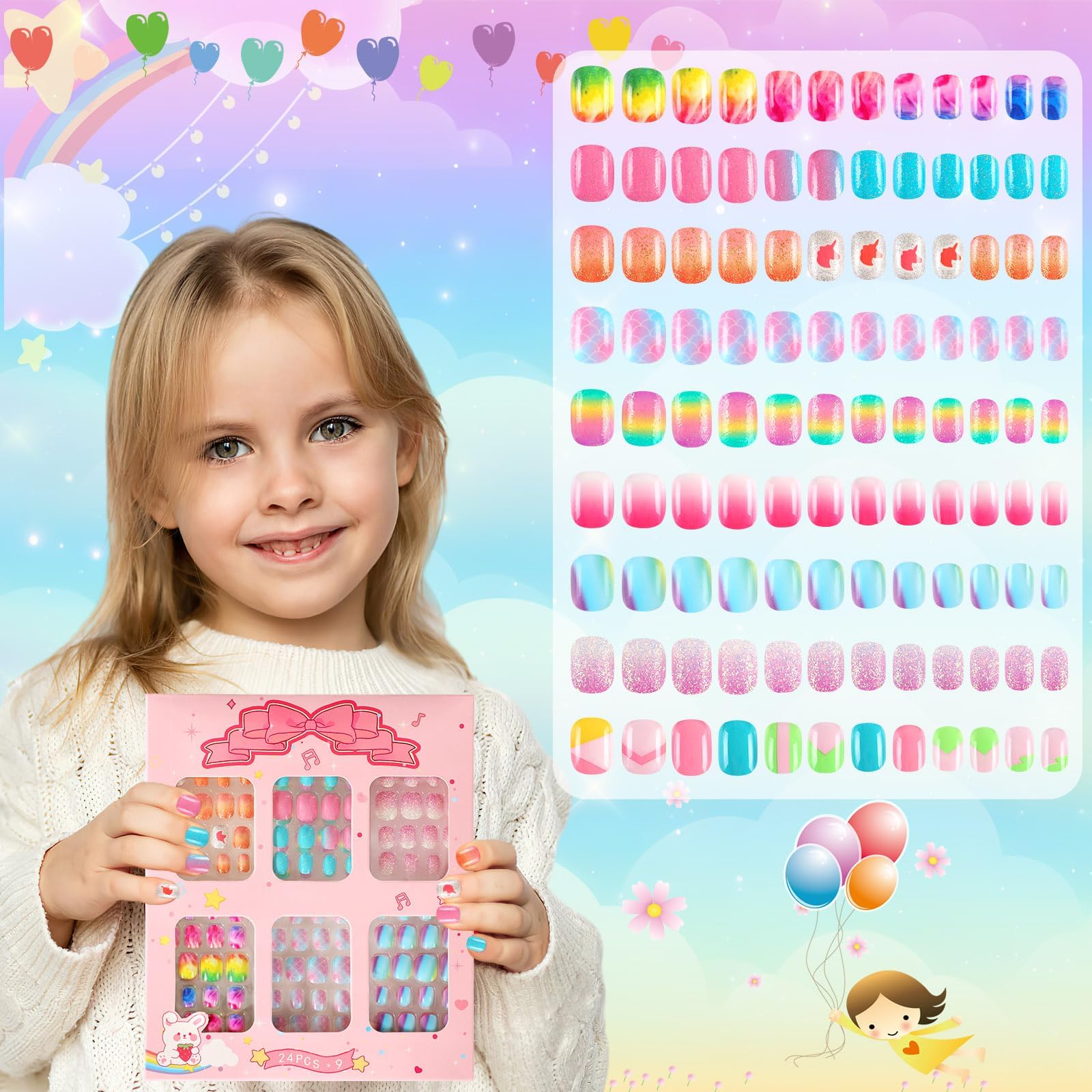 BOARDFEB 216Pcs Kids Press-On Nails – 9-Box Gradient Style Short Full-Cover Nails