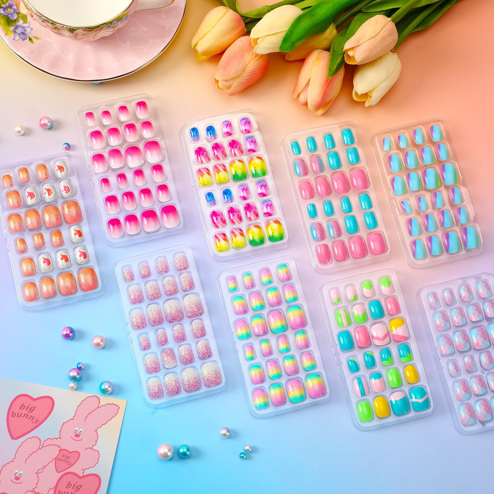 BOARDFEB 216Pcs Kids Press-On Nails – 9-Box Gradient Style Short Full-Cover Nails