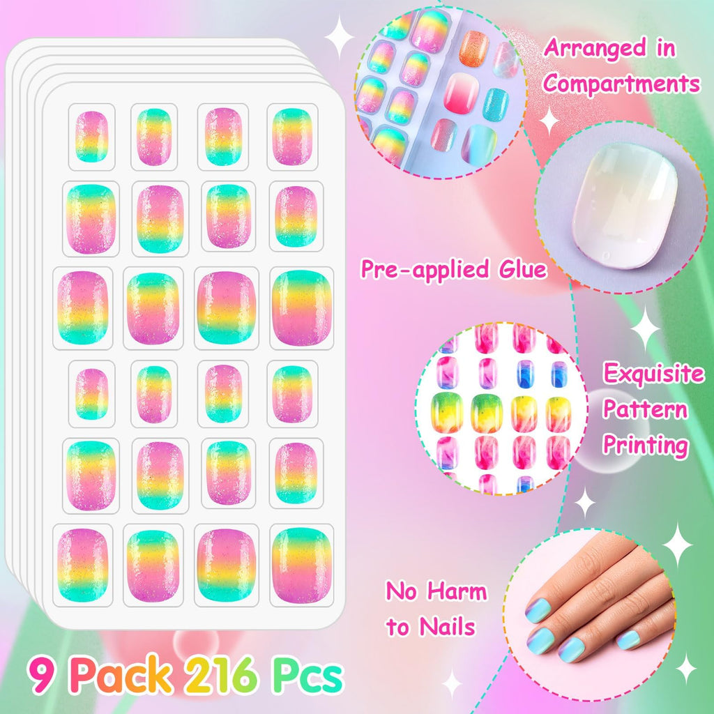 BOARDFEB 216Pcs Kids Press-On Nails – 9-Box Gradient Style Short Full-Cover Nails