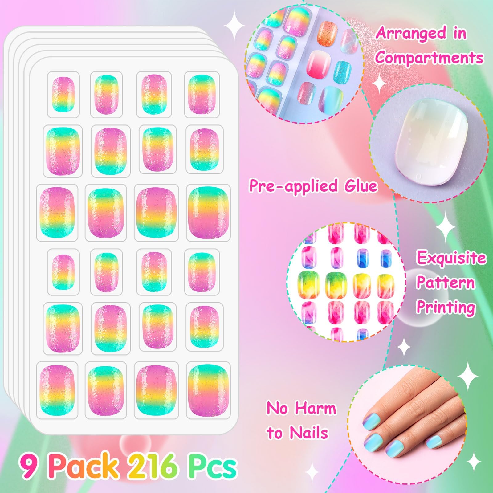 BOARDFEB 216Pcs Kids Press-On Nails – 9-Box Gradient Style Short Full-Cover Nails