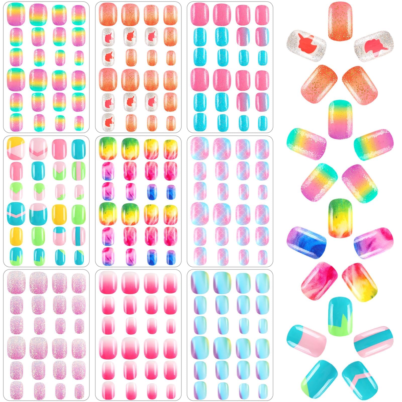 BOARDFEB 216Pcs Kids Press-On Nails – 9-Box Gradient Style Short Full-Cover Nails