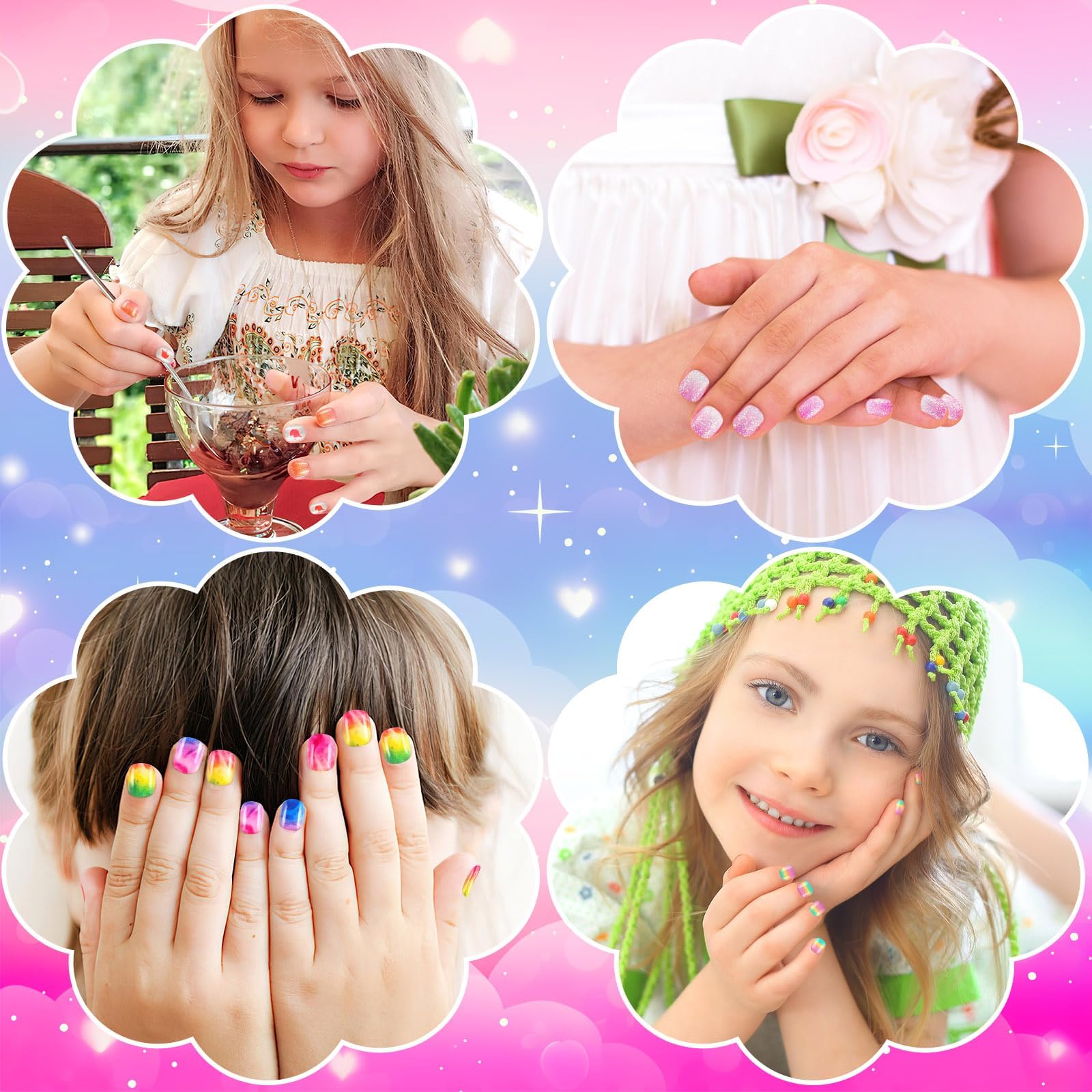 BOARDFEB 216Pcs Kids Press-On Nails – 9-Box Gradient Style Short Full-Cover Nails