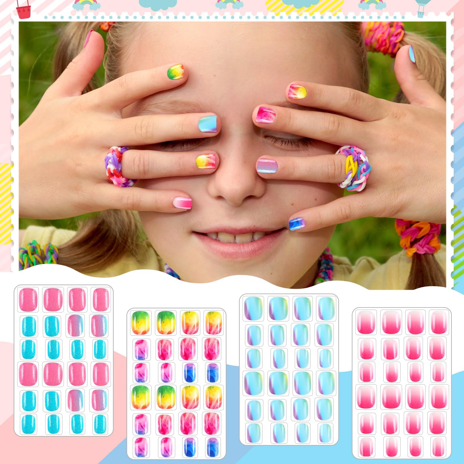 BOARDFEB 216Pcs Kids Press-On Nails – 9-Box Gradient Style Short Full-Cover Nails