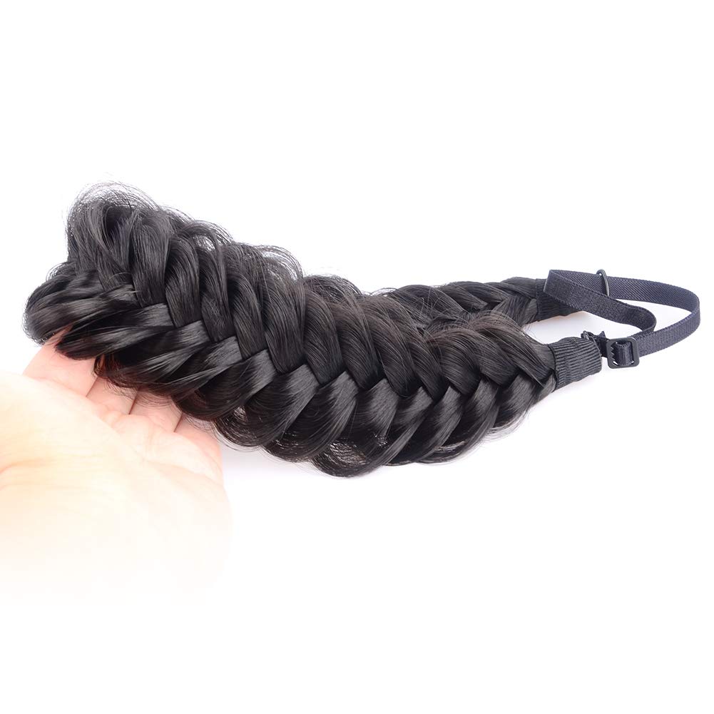 BOBIYA Messy Wide 2-Strand Braided Headband – Natural Black, Adjustable, Heat-Resistant Synthetic Hair