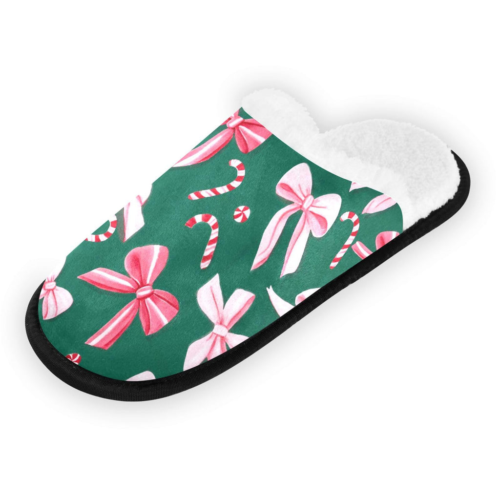 Boccsty Christmas Pink Green Bow Spa Slippers – Cozy Flannel, Non-Slip Indoor/Outdoor (Size L)