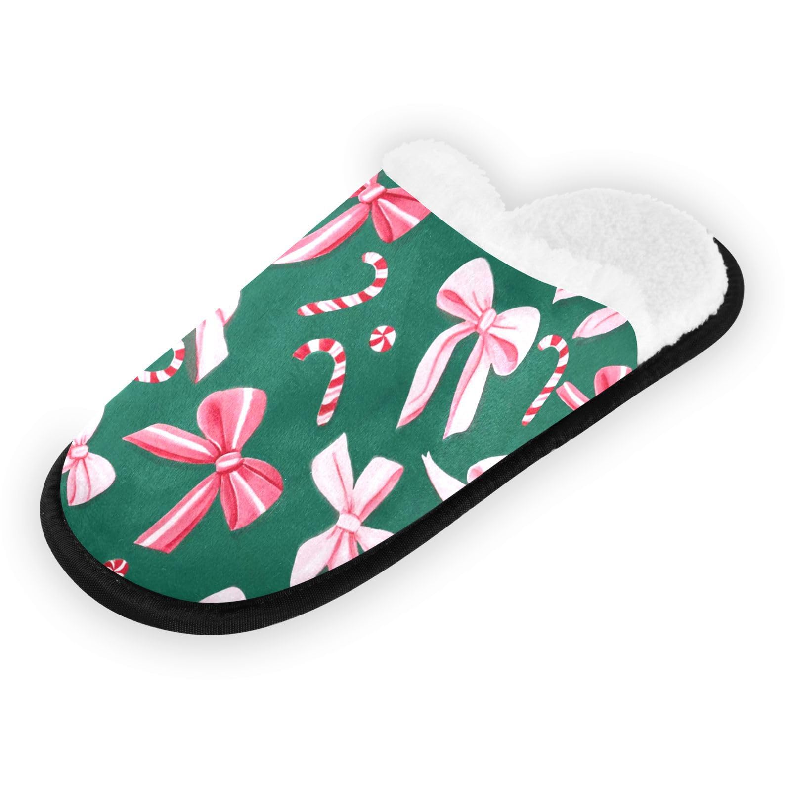 Boccsty Christmas Pink Green Bow Spa Slippers – Cozy Flannel, Non-Slip Indoor/Outdoor (Size L)