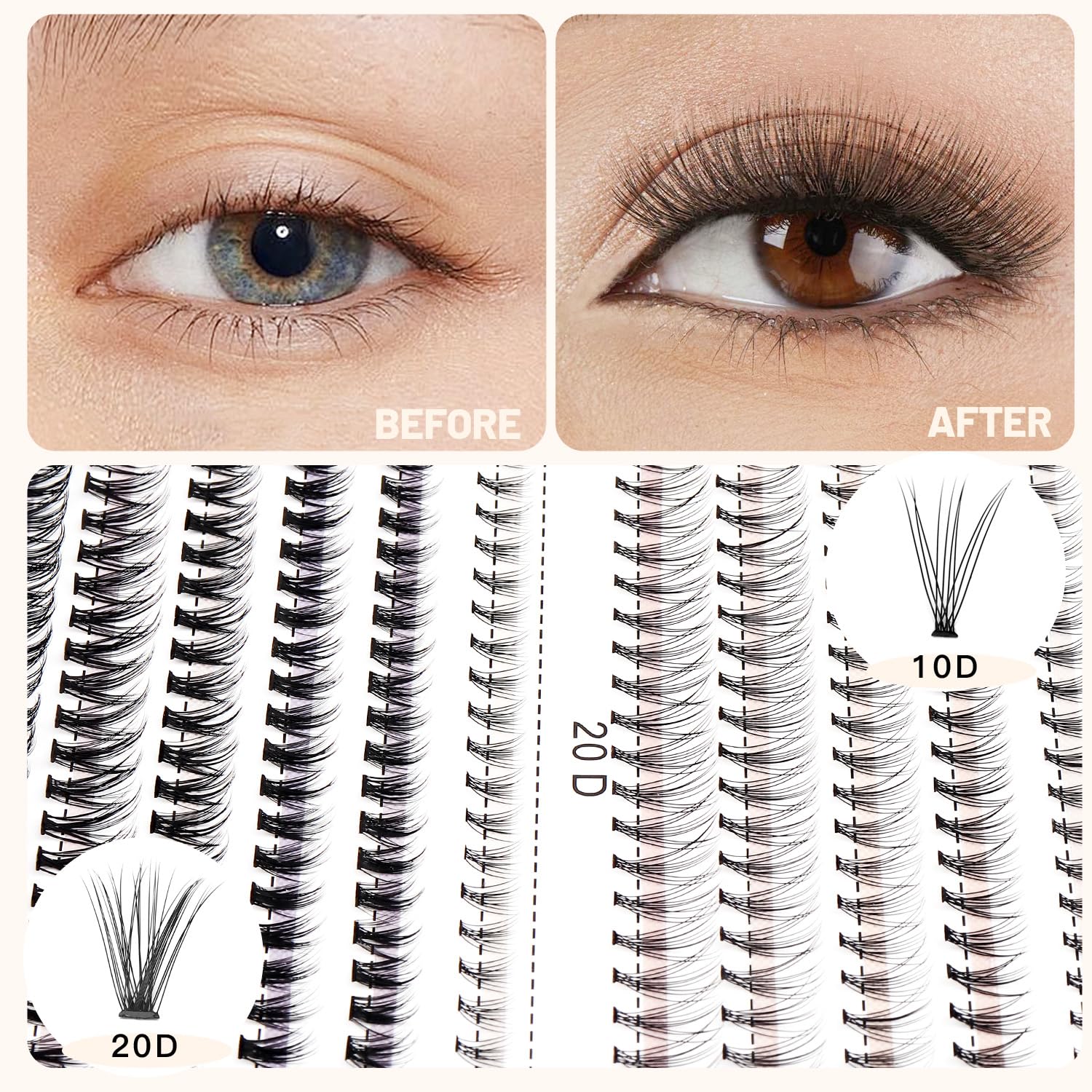 Bodermincer Lash Extension 240pcs C Curl – Mixed 10D/20D Clusters for Professional Lashing