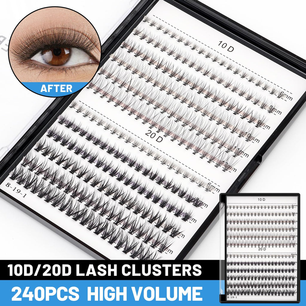 Bodermincer Lash Extension 240pcs C Curl – Mixed 10D/20D Clusters for Professional Lashing