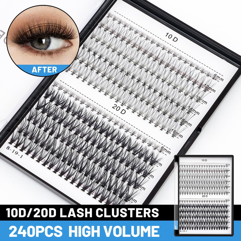 Bodermincer 240pcs Lash Extensions – C Curl, 10D/20D Mixed Clusters (8–16mm) for Professionals