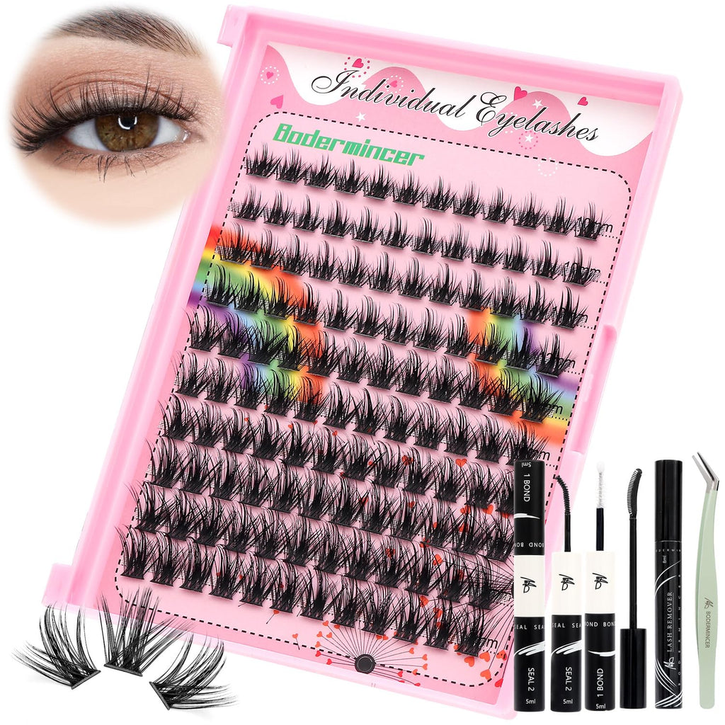 Bodermincer Lashes Clusters Kit 10-12mm to 18mm, 120 Clusters, 0.07mm D Curl