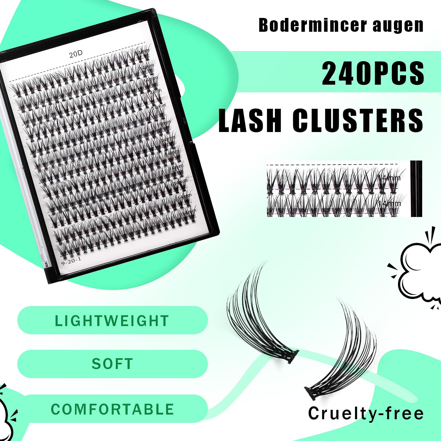 Bodermincer Black Cluster Lashes 240pcs – 20D/40D DIY Lashes, D Curl, 8–22mm