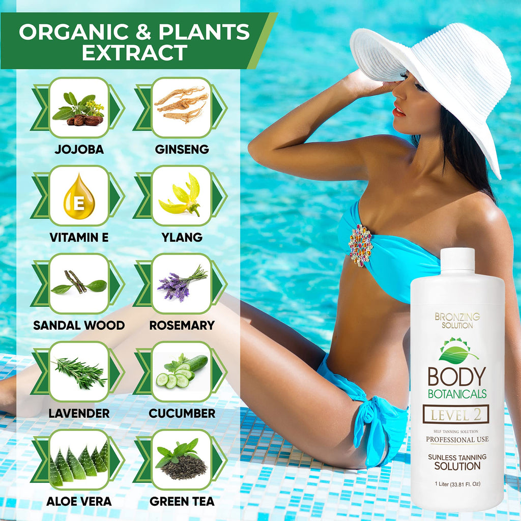 Body Botanicals Professional Sunless Tanning Spray – Organic Oils, 33.8 oz (Level 2, 10% DHA)