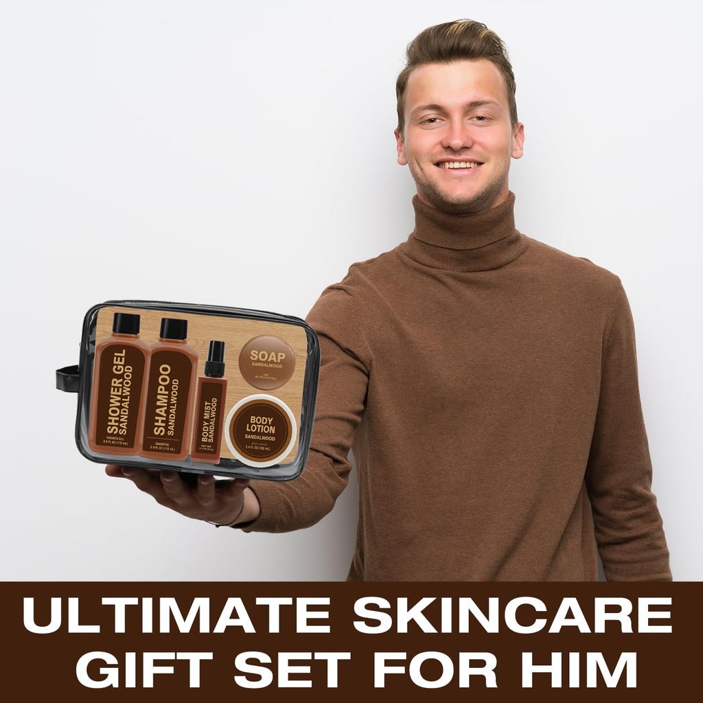 Body & Earth 6-Piece Sandalwood Travel Bath Set for Men – Shampoo, Shower Gel, Soap, Lotion & Body Wash