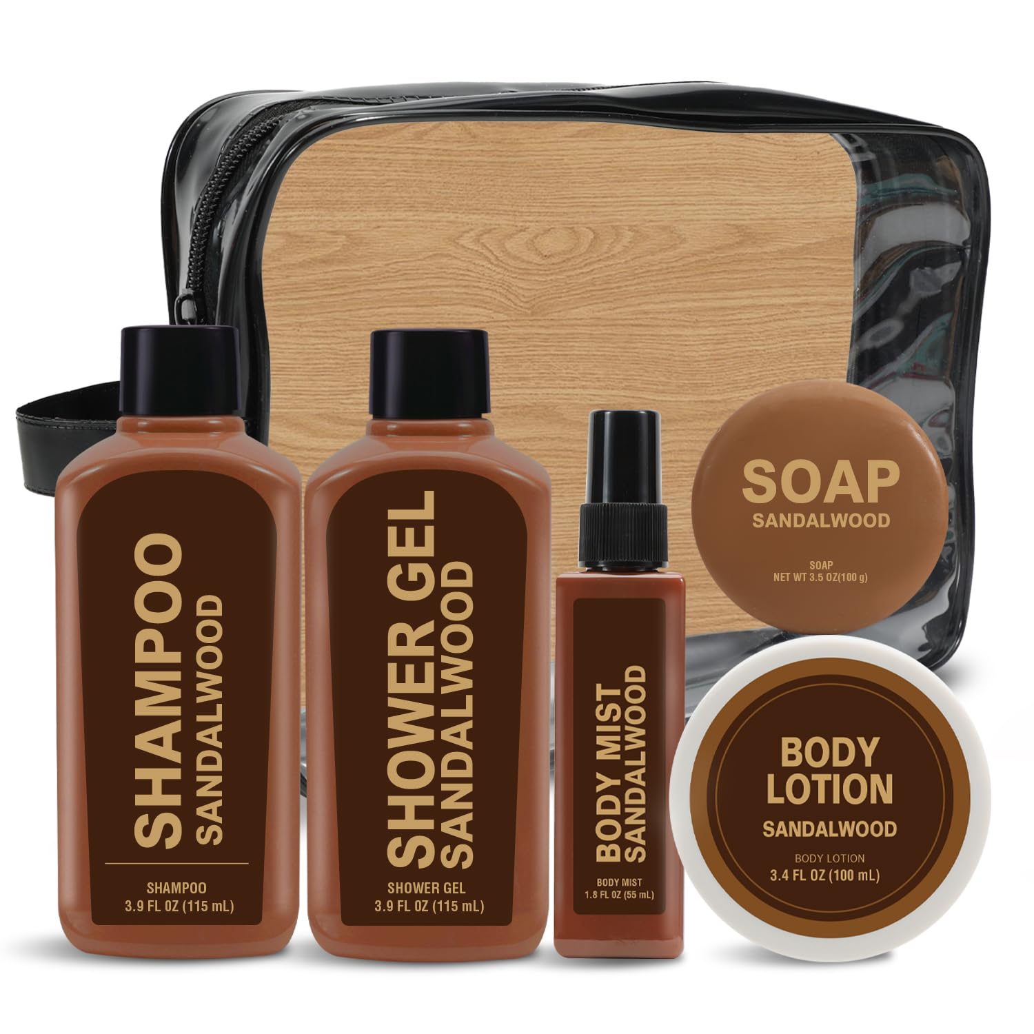 Body & Earth 6-Piece Sandalwood Travel Bath Set for Men – Shampoo, Shower Gel, Soap, Lotion & Body Wash
