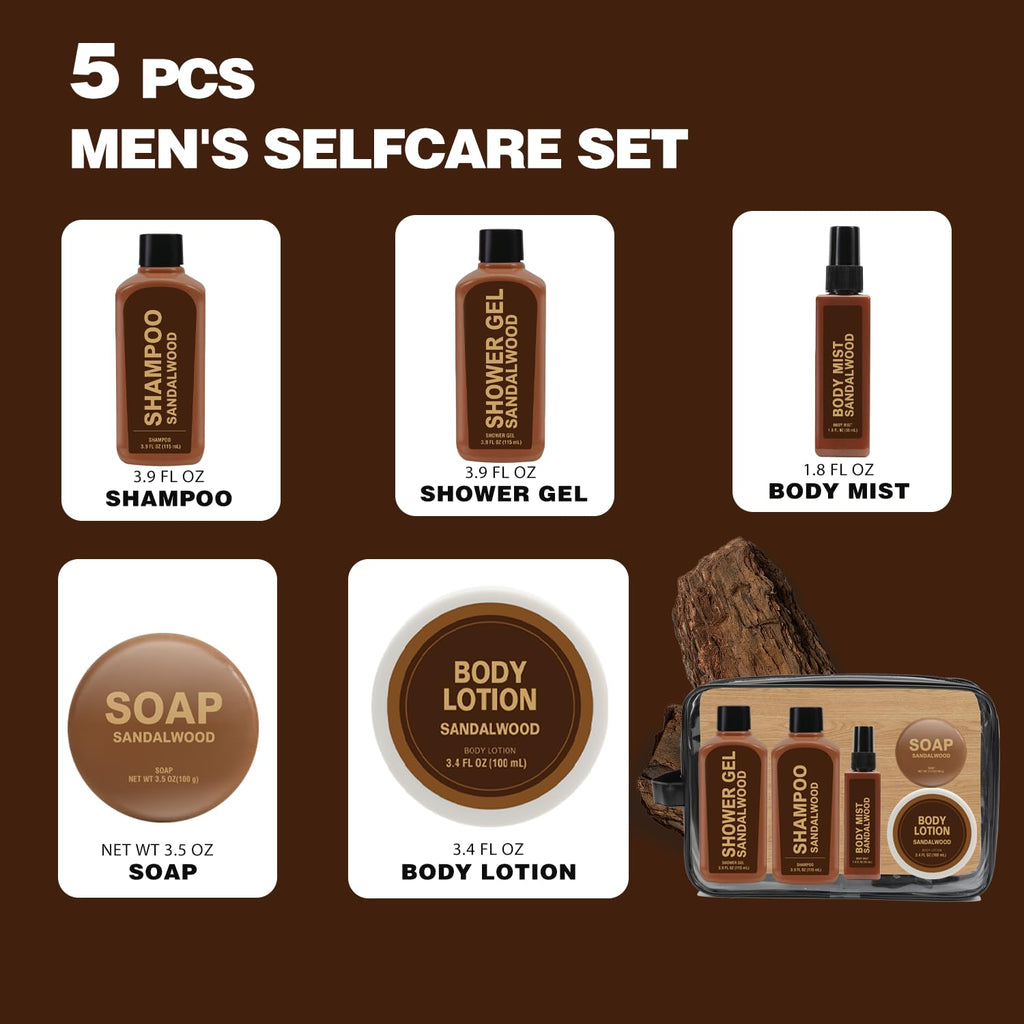 Body & Earth 6-Piece Sandalwood Travel Bath Set for Men – Shampoo, Shower Gel, Soap, Lotion & Body Wash