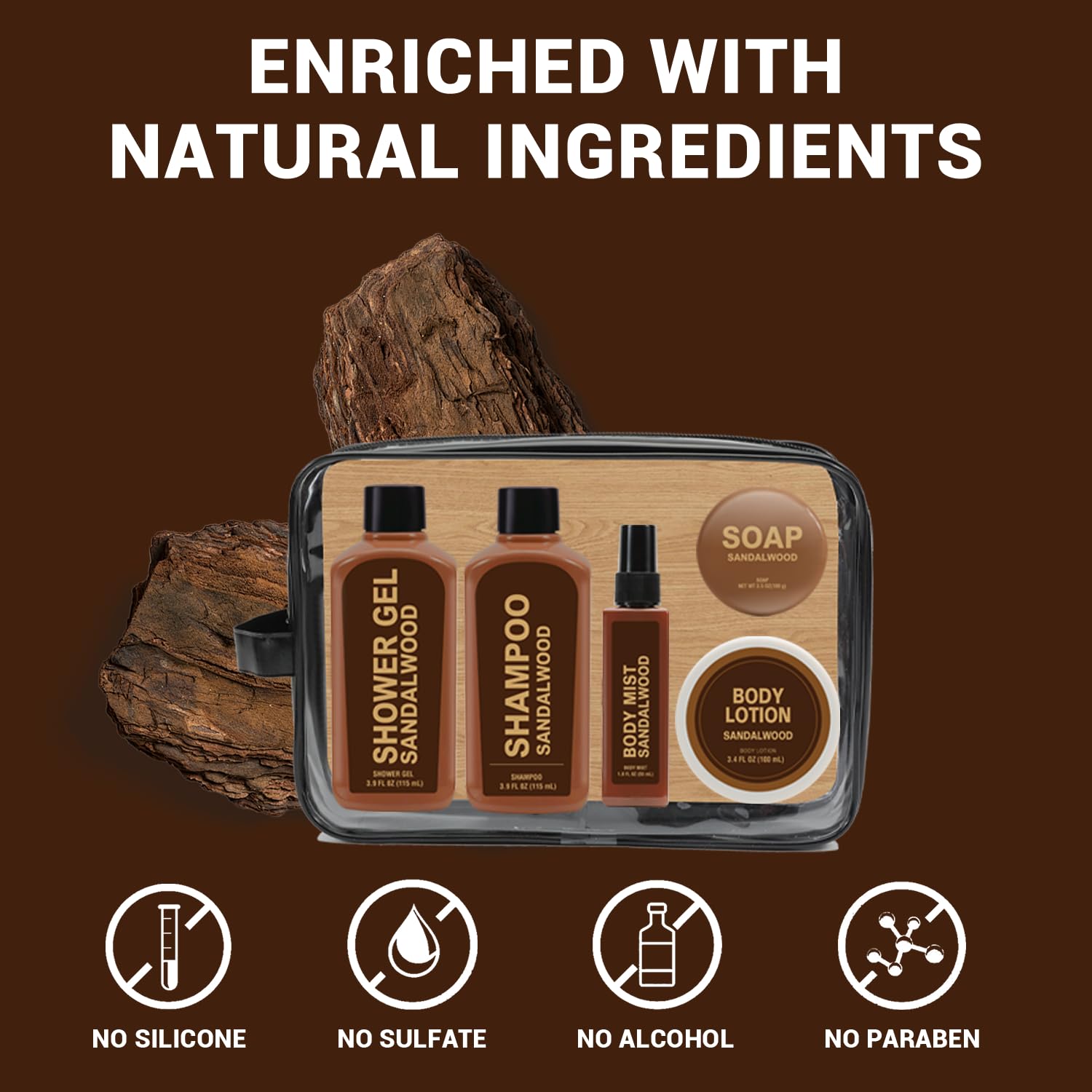 Body & Earth 6-Piece Sandalwood Travel Bath Set for Men – Shampoo, Shower Gel, Soap, Lotion & Body Wash