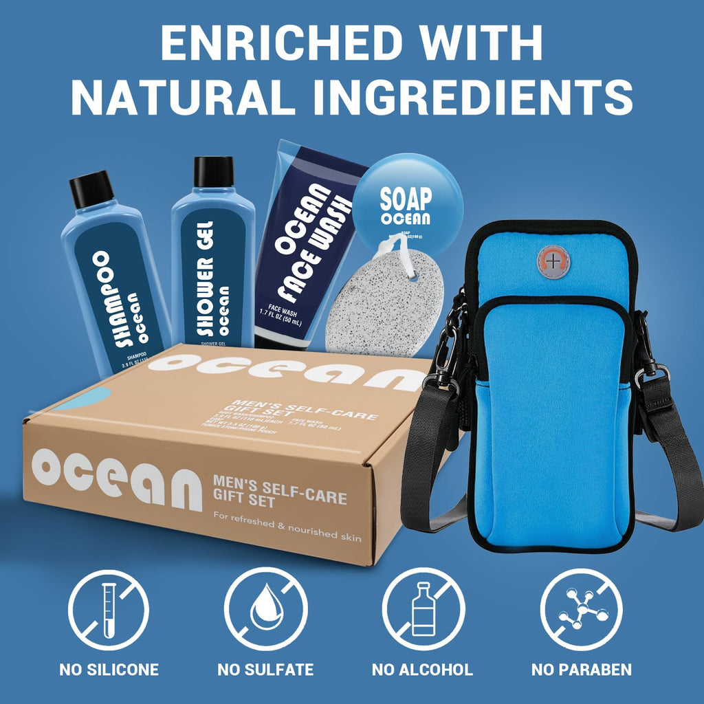 BODY & EARTH Men's 6-Piece Bath Gift Set with Phone Pouch | Self-Care Gift for Him