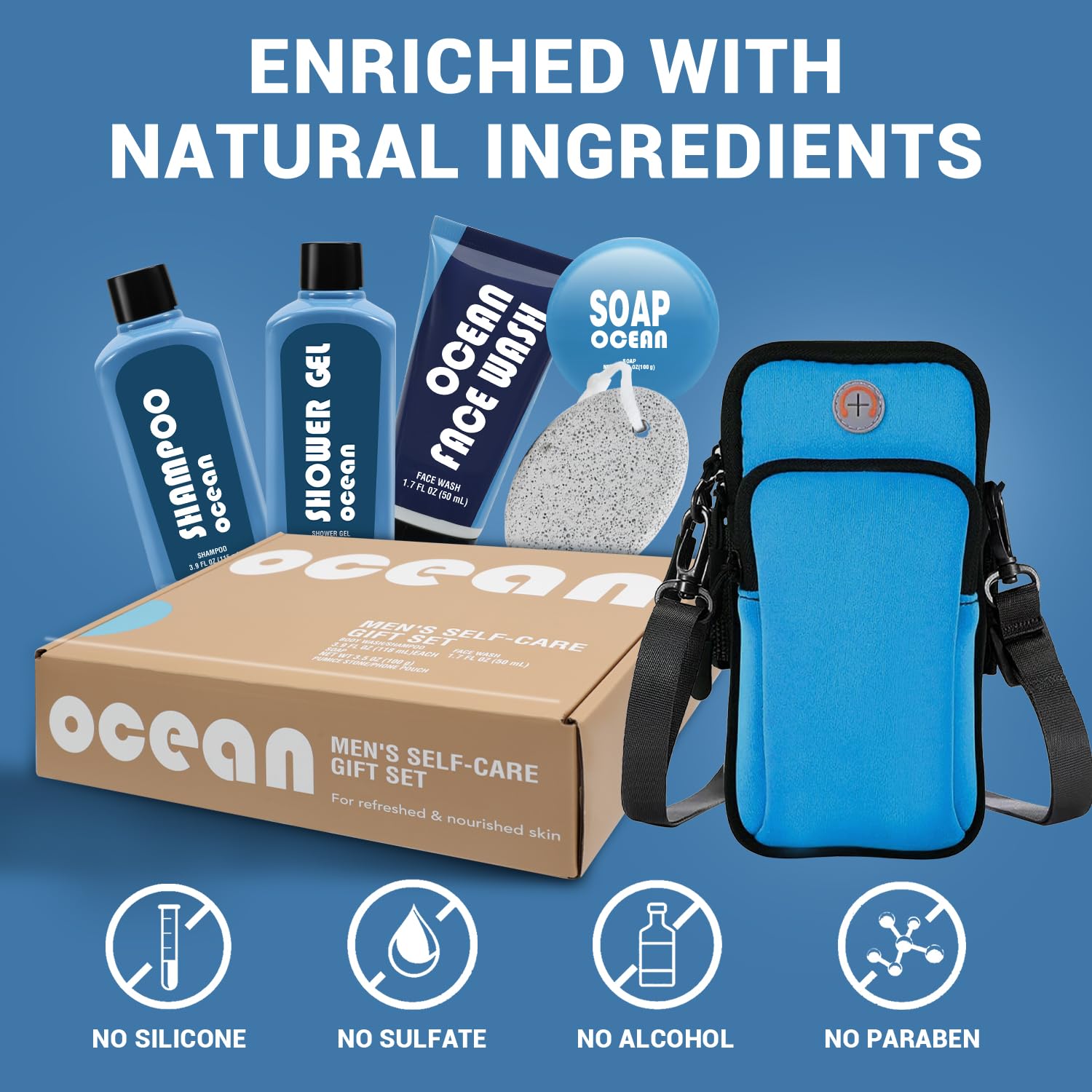 BODY & EARTH Men's 6-Piece Bath Gift Set with Phone Pouch | Self-Care Gift for Him