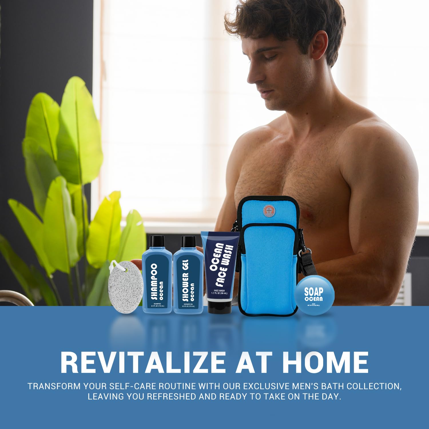 BODY & EARTH Men's 6-Piece Bath Gift Set with Phone Pouch | Self-Care Gift for Him