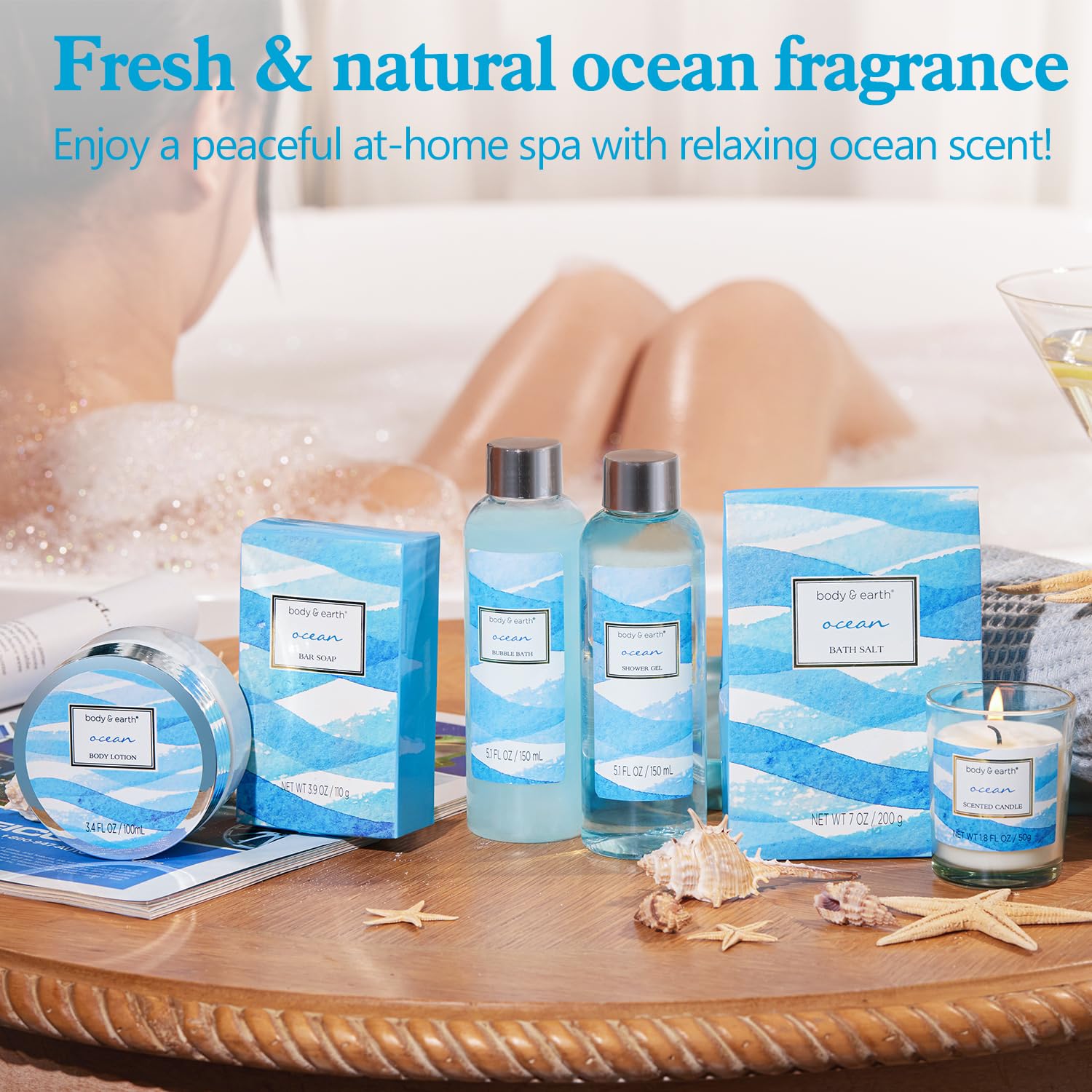 BODY & EARTH Ocean Bath Gift Set – 7-Piece Spa Kit for Women