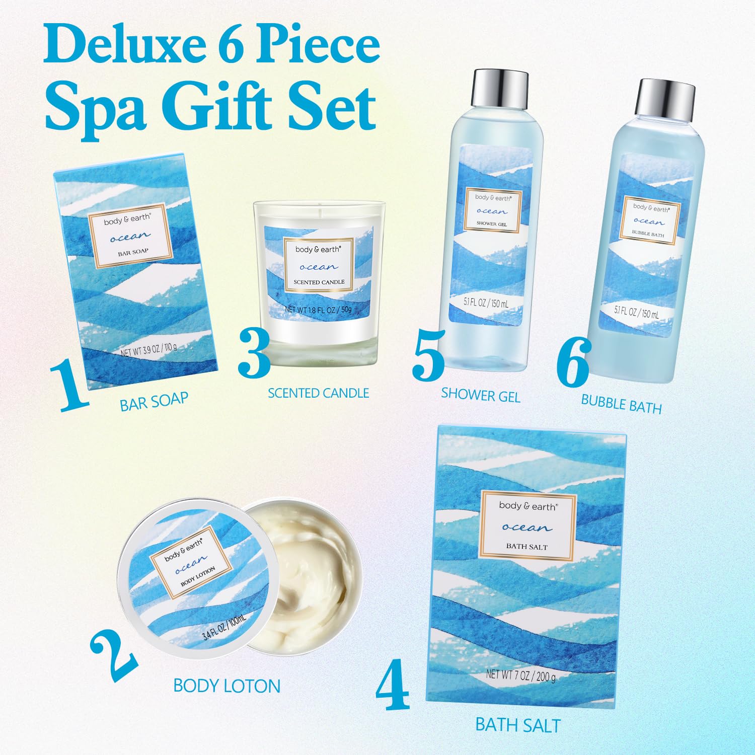 BODY & EARTH Ocean Bath Gift Set – 7-Piece Spa Kit for Women