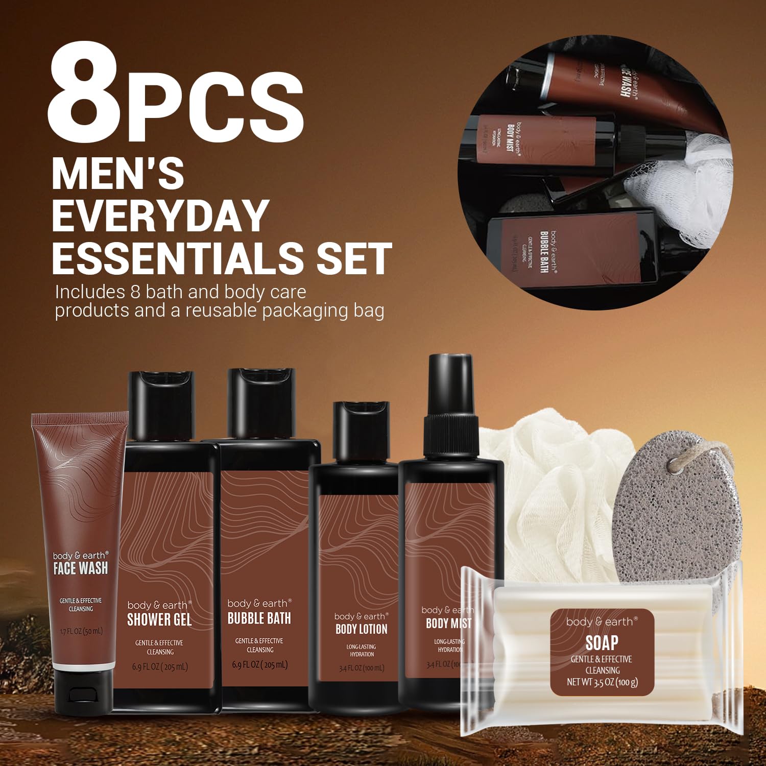 Body & Earth 8-Piece Bath & Body Wash Set for Men – Sandalwood Spa Gift Basket