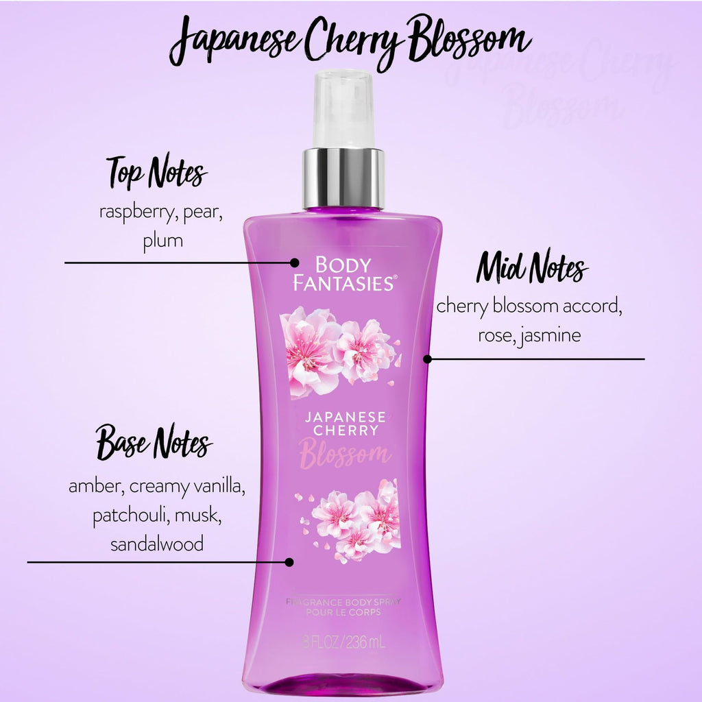 Body Fantasies Japanese Cherry Blossom Body Spray – Pack of 3 (8 oz Each)