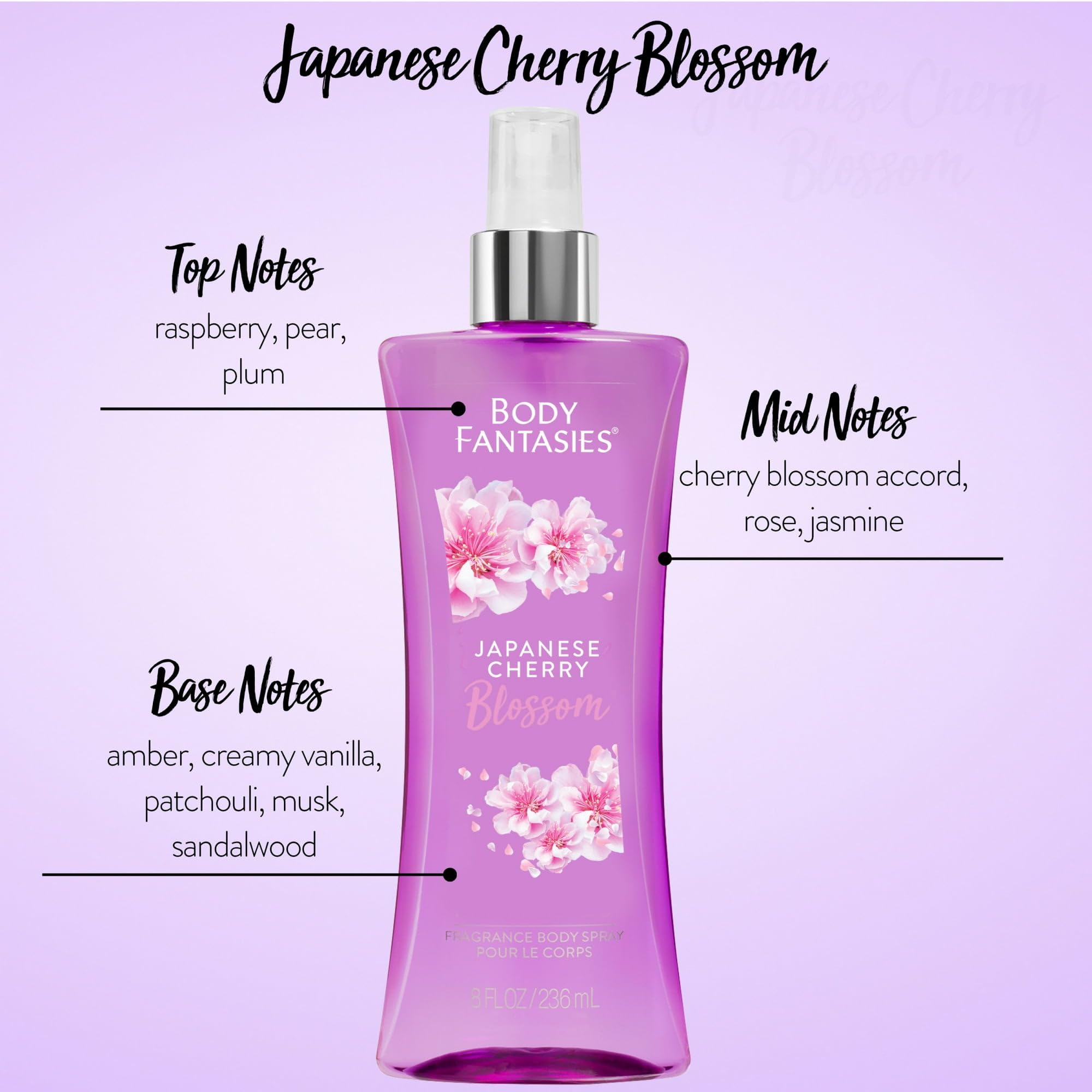 Body Fantasies Japanese Cherry Blossom Body Spray – Pack of 3 (8 oz Each)