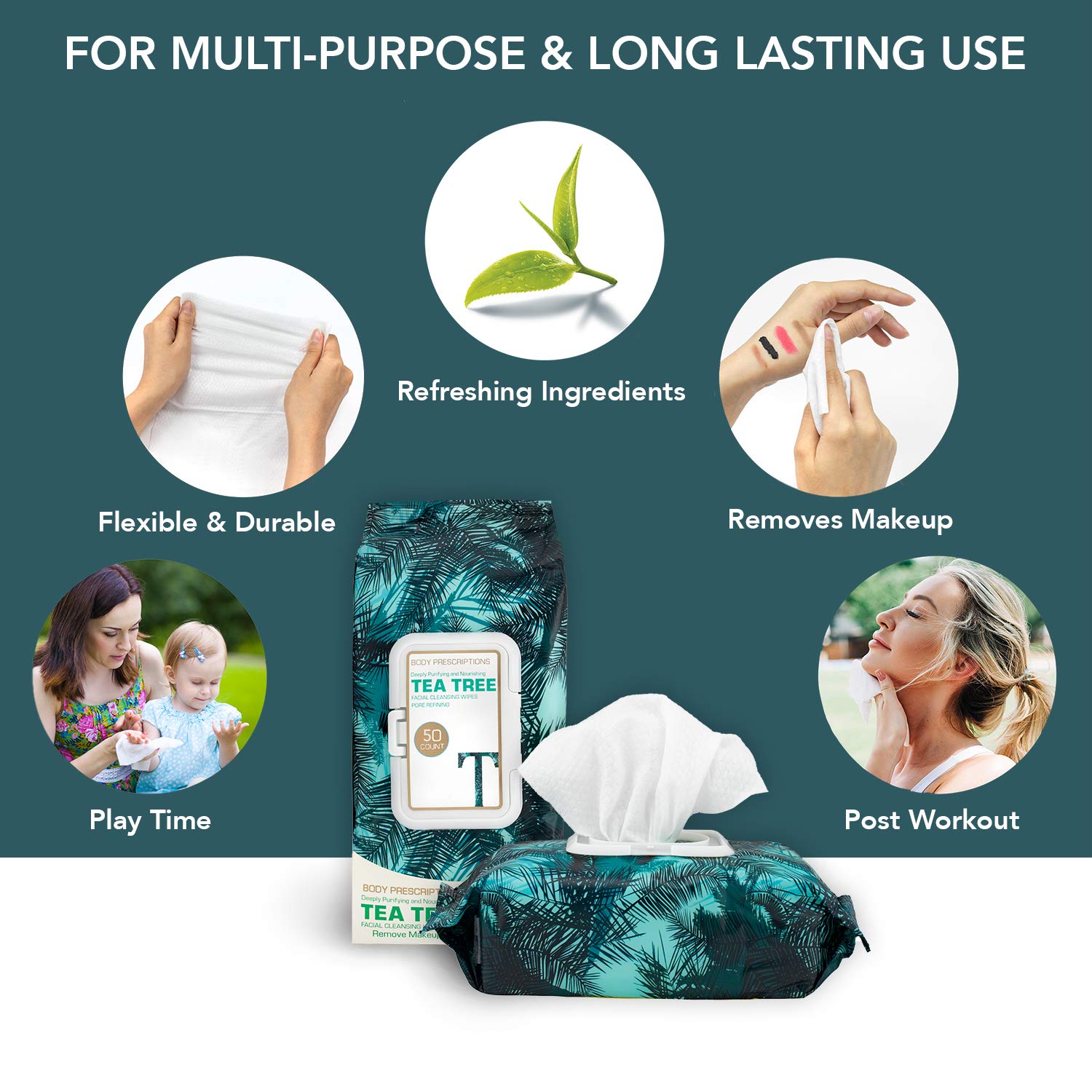 Body Prescriptions Tea Tree Makeup Cleansing Wipes – Gentle Face Wipes, 2x50 Count