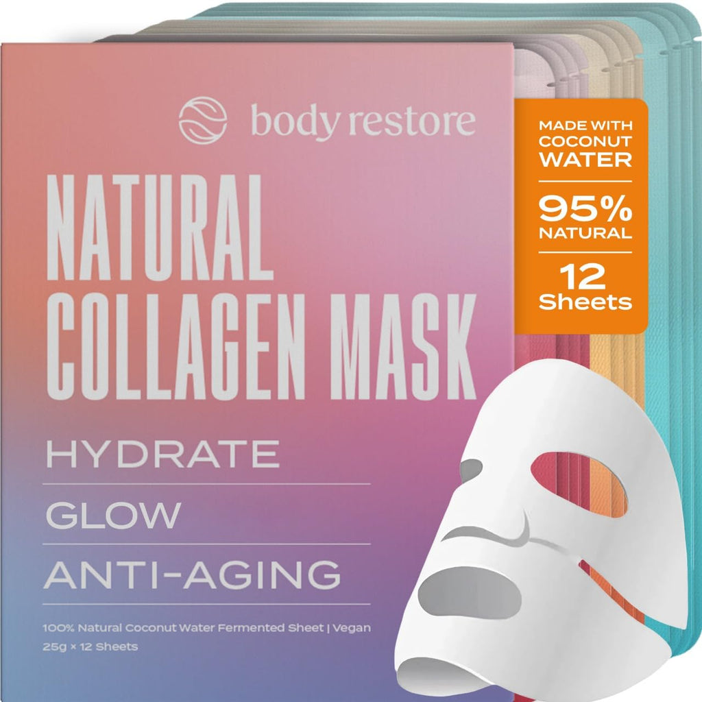 Body Restore Natural Collagen Face Mask 12 Pack – Fermented Coconut Water, Korean Skin Care