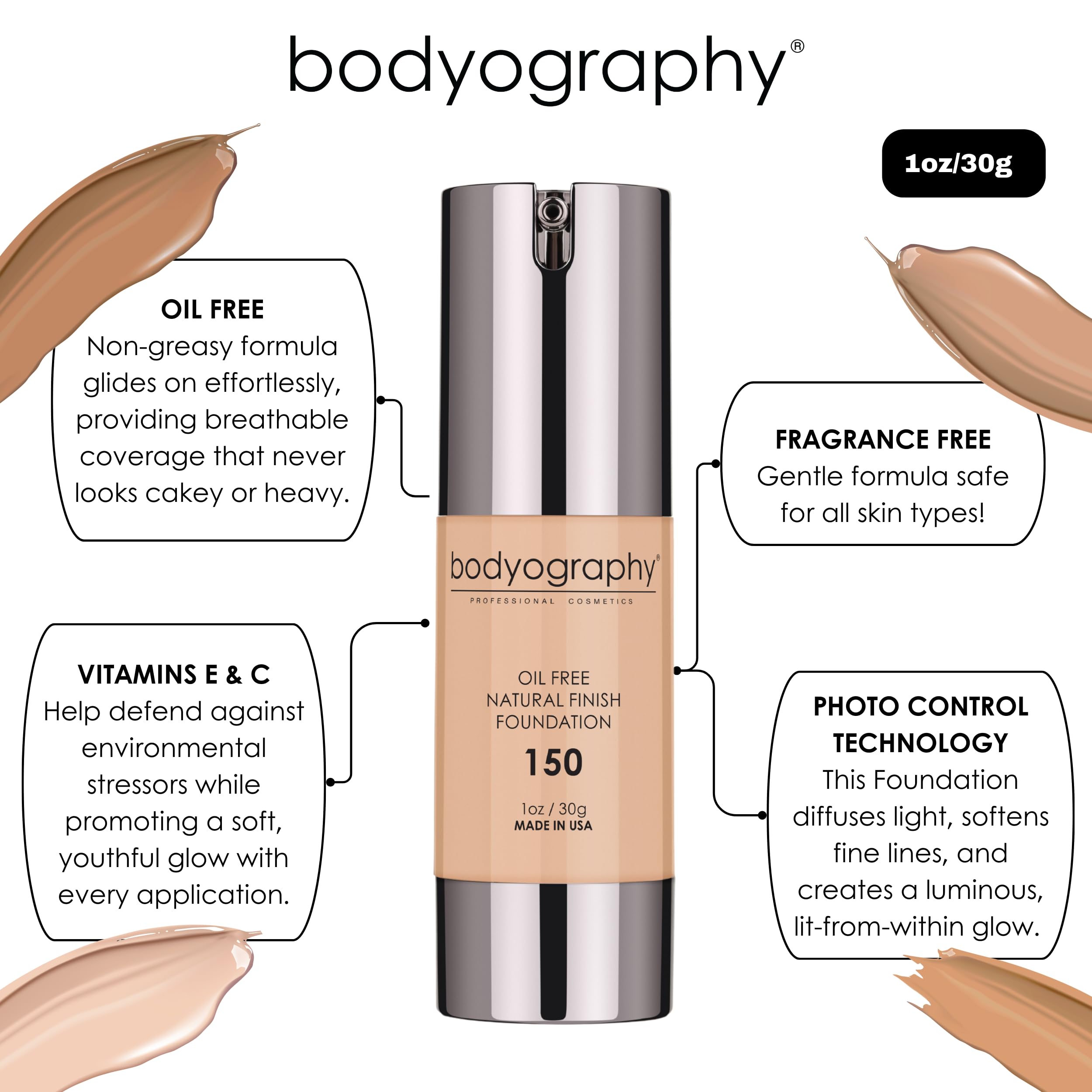 Bodyography Natural Finish Foundation Dark/Warm #240 | Oil-Free, Anti-Aging with Vitamin E & C | Photo-Ready Coverage | Vegan, Gluten-Free, Paraben-Free