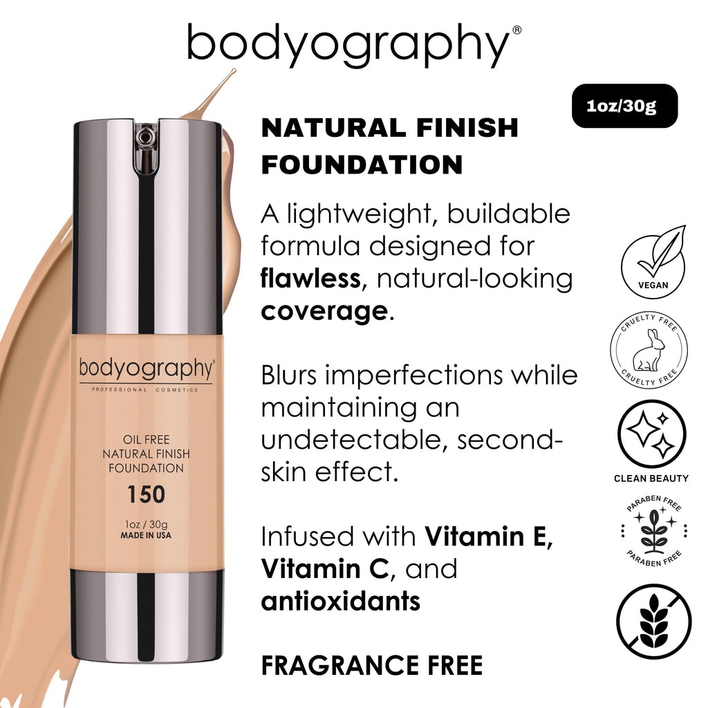 Bodyography Natural Finish Foundation Dark/Warm #240 | Oil-Free, Anti-Aging with Vitamin E & C | Photo-Ready Coverage | Vegan, Gluten-Free, Paraben-Free