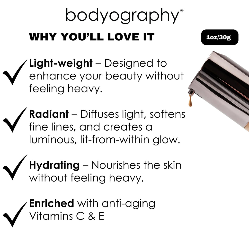 Bodyography Natural Finish Foundation Dark/Warm #240 | Oil-Free, Anti-Aging with Vitamin E & C | Photo-Ready Coverage | Vegan, Gluten-Free, Paraben-Free