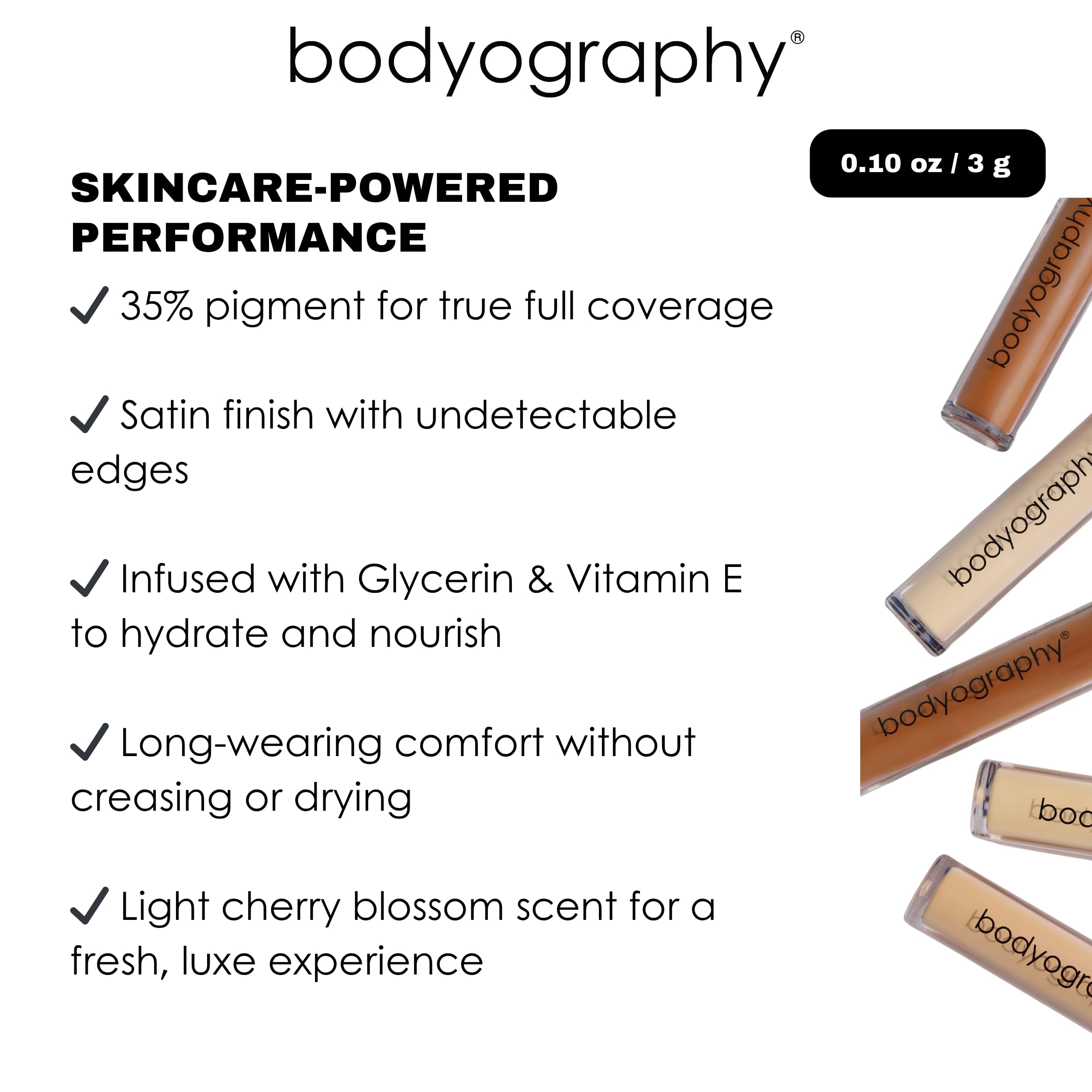 Bodyography Skin Slip Full-Coverage Concealer — 35% Pigment, Hydration, Satin Finish
