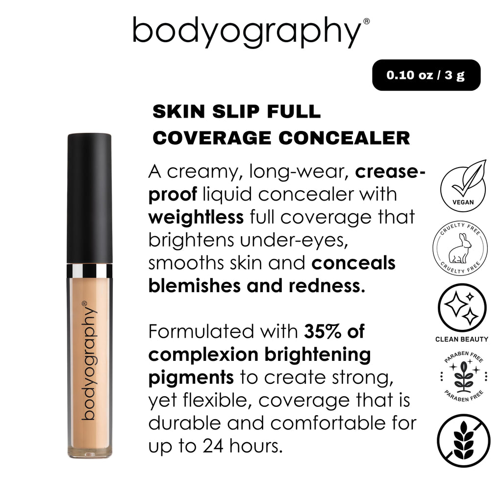 Bodyography Skin Slip Full-Coverage Concealer — Satin Finish, 35% Pigment, Hydration