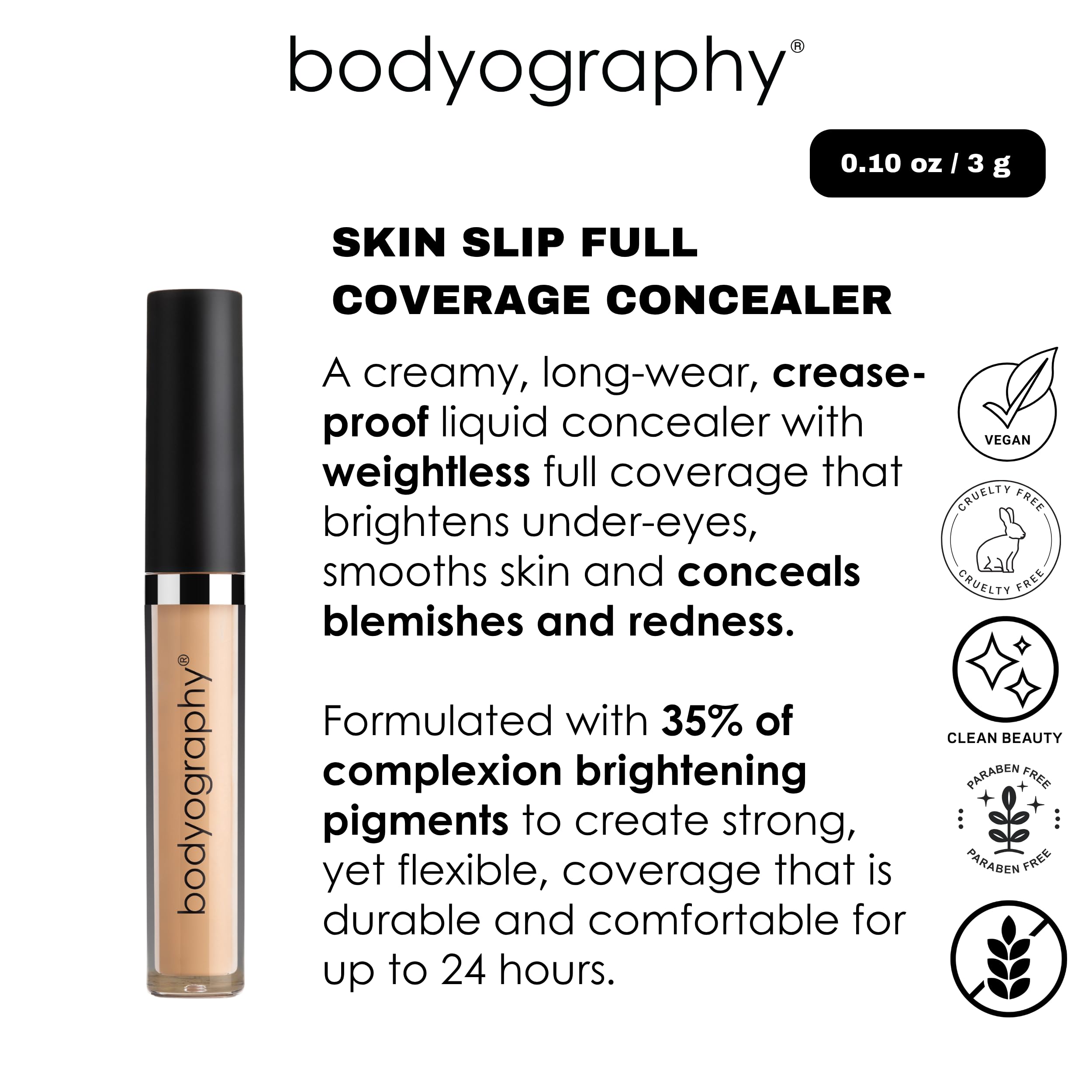 Bodyography Skin Slip Full-Coverage Concealer | Hydrating, Buildable 35% Pigment | Satin Finish