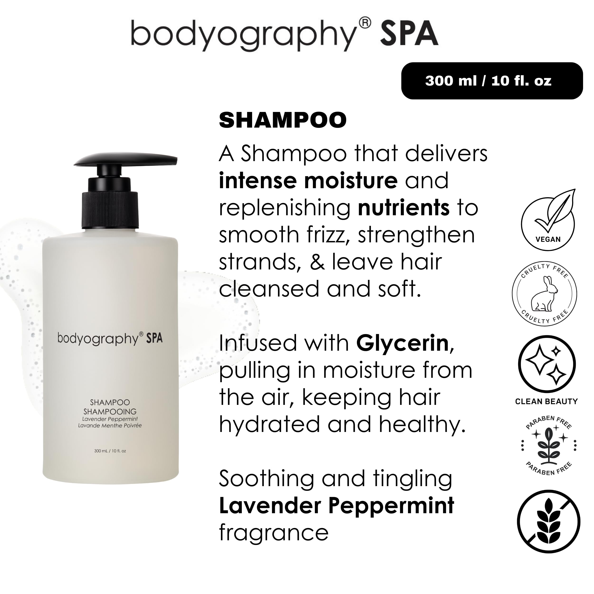 Bodyography Spa Shampoo Lavender Peppermint – 10 oz | Hydration & Frizz Control (Vegan)