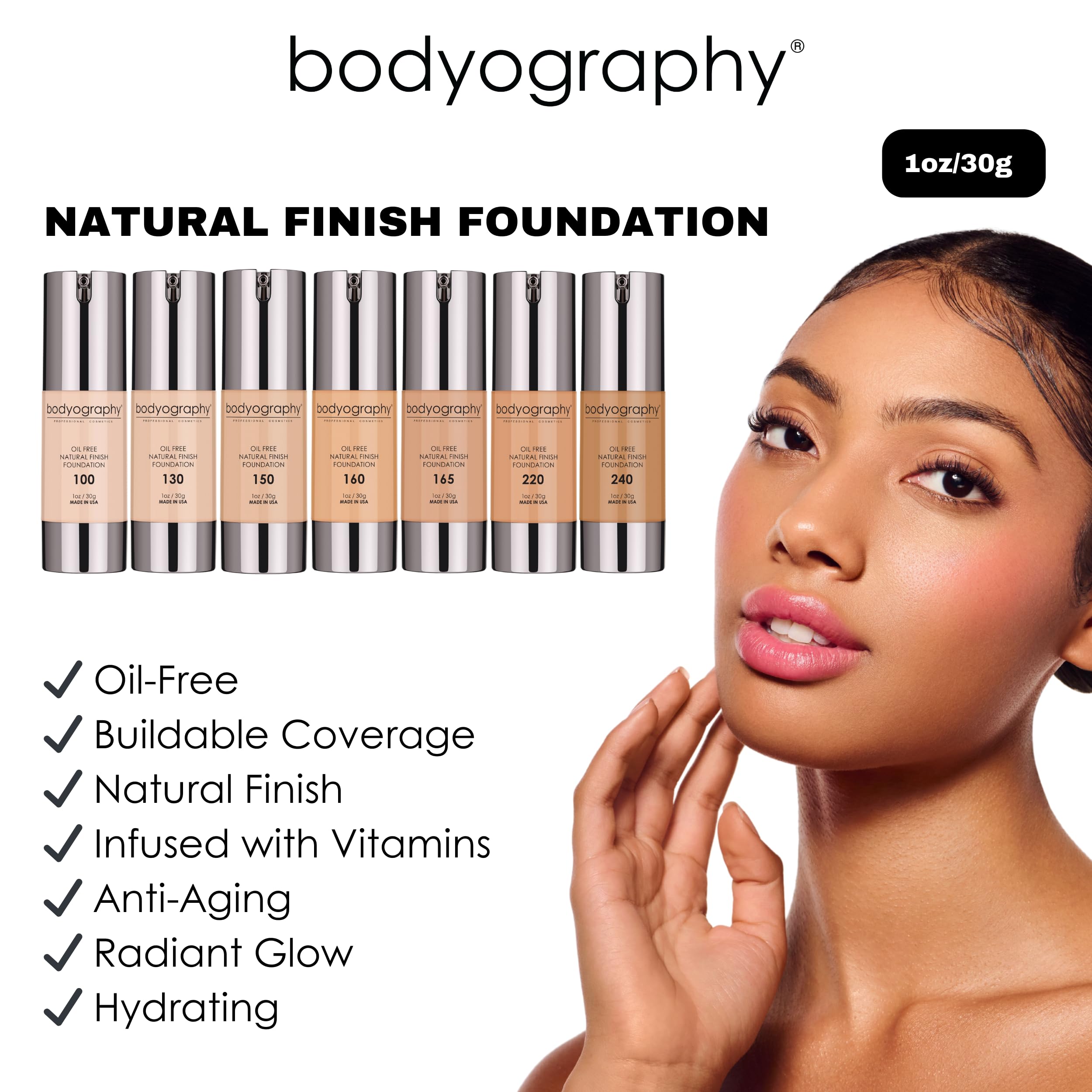 Bodyography Natural Finish Foundation Dark/Warm #240 | Oil-Free, Anti-Aging with Vitamin E & C | Photo-Ready Coverage | Vegan, Gluten-Free, Paraben-Free