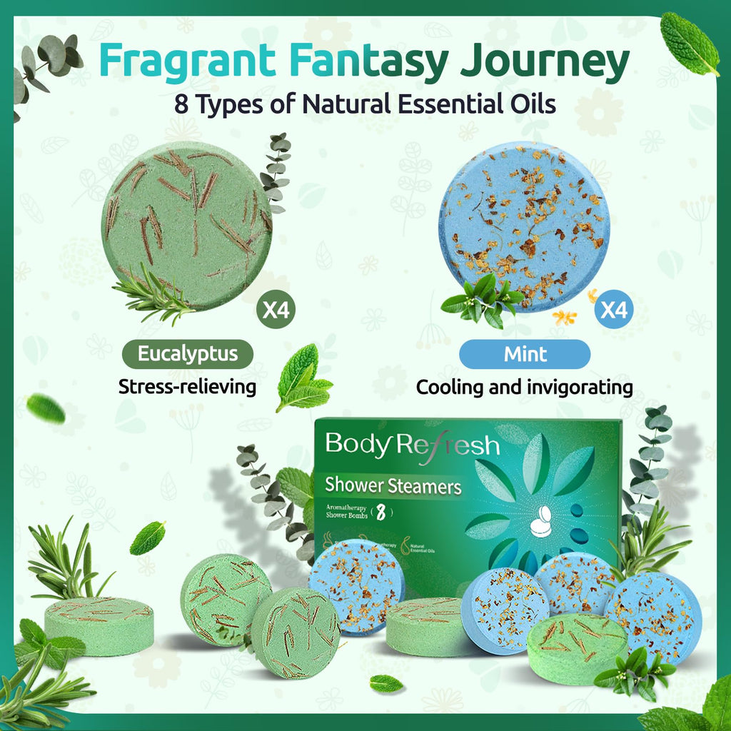 BodyRefresh Shower Steamers Aromatherapy – 8 Pack Eucalyptus Mint | Spa-Style Gift Set