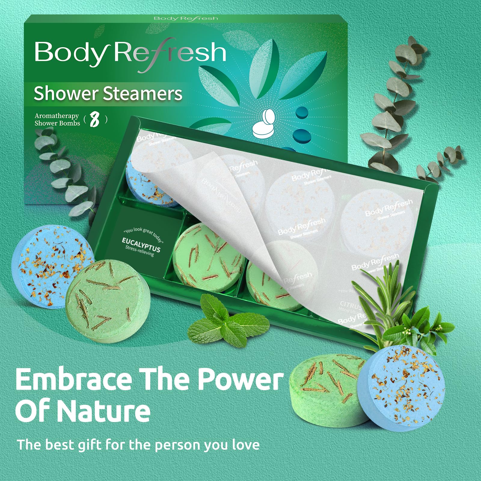 BodyRefresh Shower Steamers Aromatherapy – 8 Pack Eucalyptus Mint | Spa-Style Gift Set