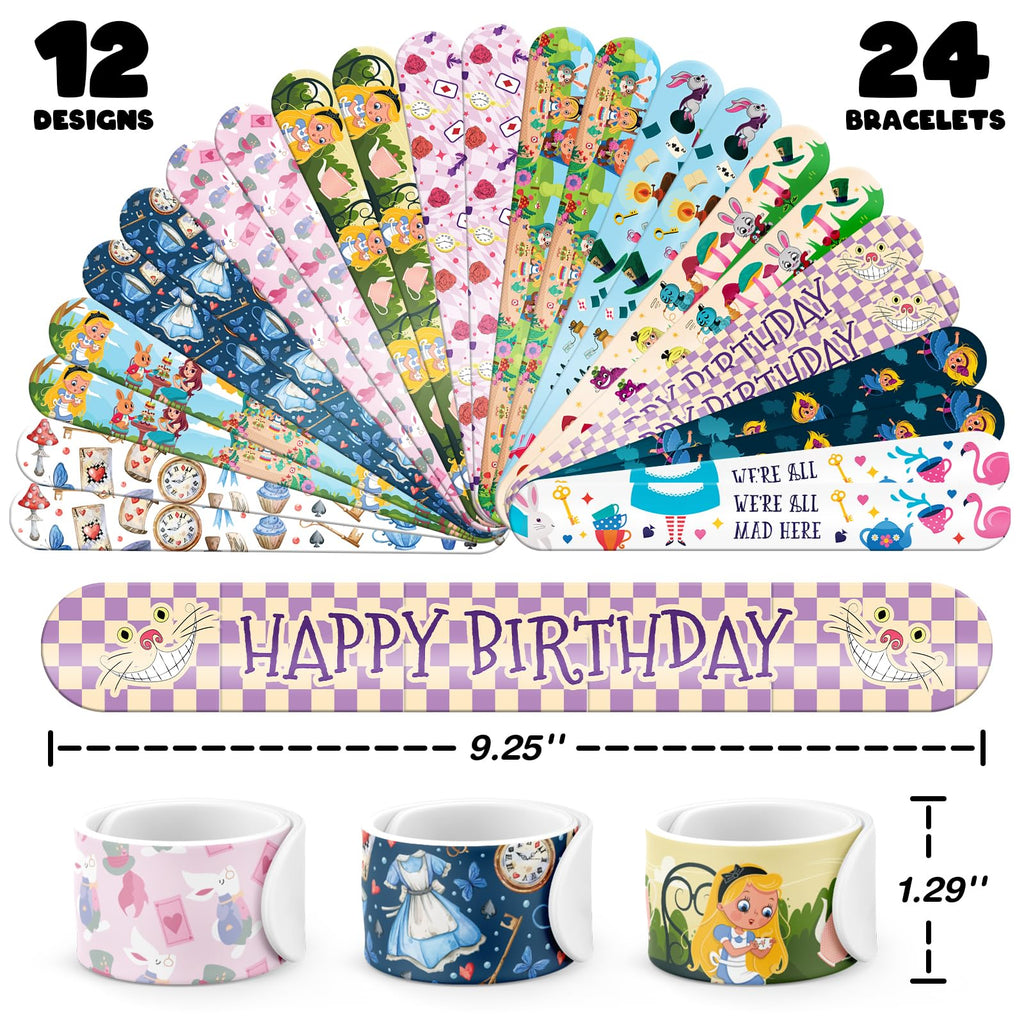 BOIKOKY 96 PCS Alice in Wonderland Party Favor Set – 72 Tattoos & 24 Slap Bracelets for Kids
