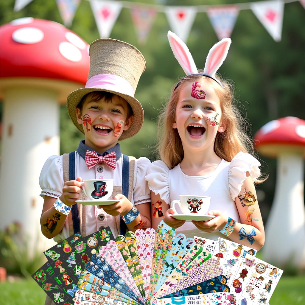BOIKOKY 96 PCS Alice in Wonderland Party Favor Set – 72 Tattoos & 24 Slap Bracelets for Kids