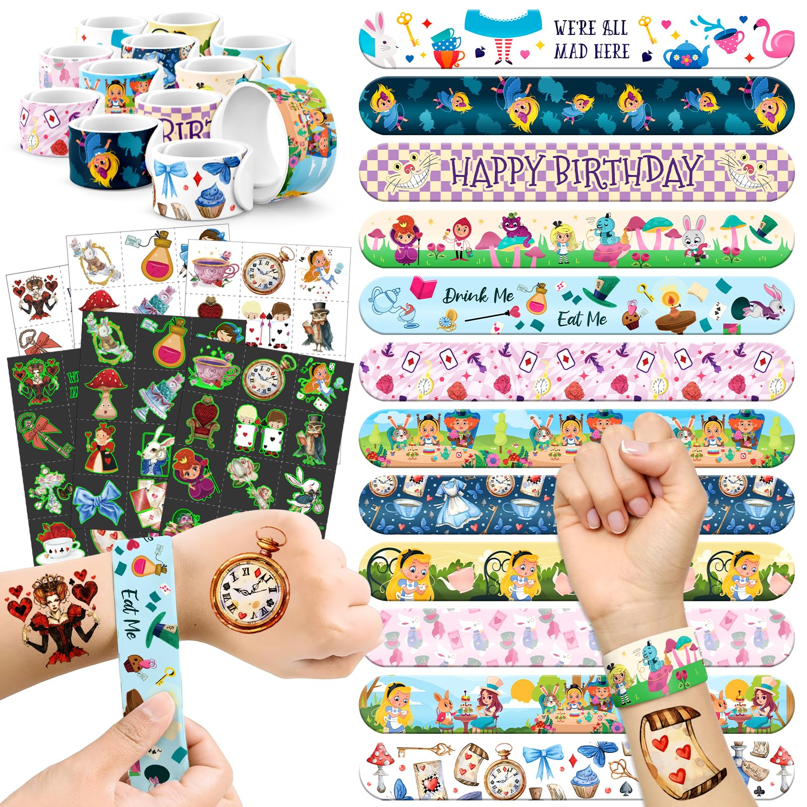 BOIKOKY 96 PCS Alice in Wonderland Party Favor Set – 72 Tattoos & 24 Slap Bracelets for Kids