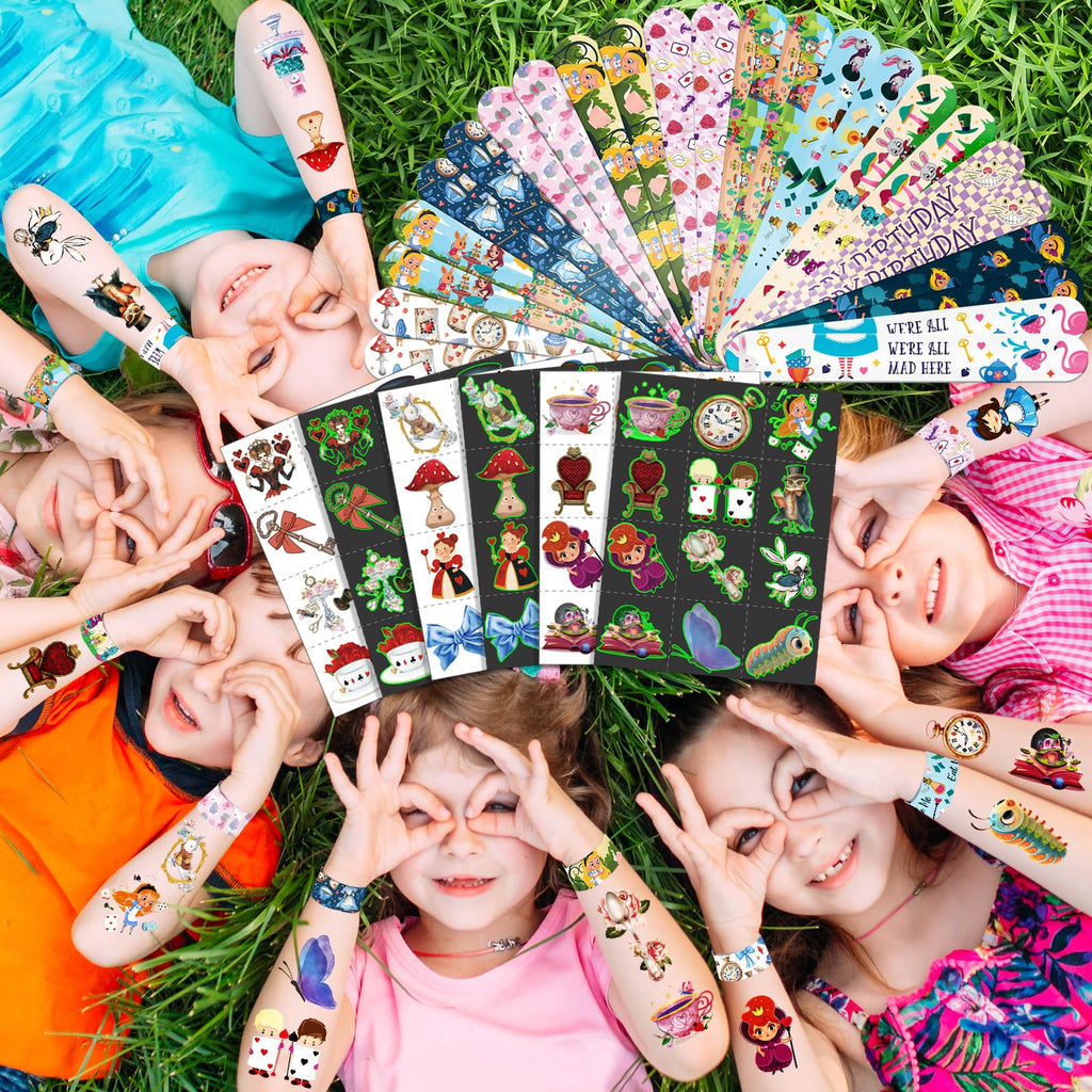 BOIKOKY 96 PCS Alice in Wonderland Party Favor Set – 72 Tattoos & 24 Slap Bracelets for Kids