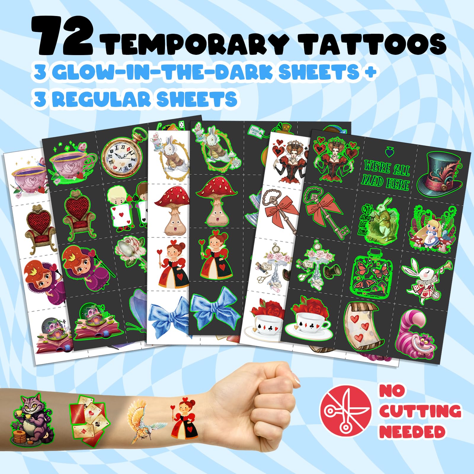 BOIKOKY 96 PCS Alice in Wonderland Party Favor Set – 72 Tattoos & 24 Slap Bracelets for Kids