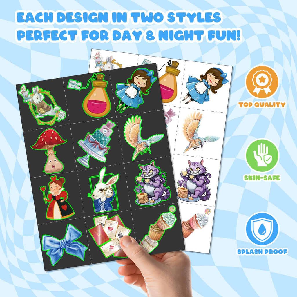 BOIKOKY 96 PCS Alice in Wonderland Party Favor Set – 72 Tattoos & 24 Slap Bracelets for Kids