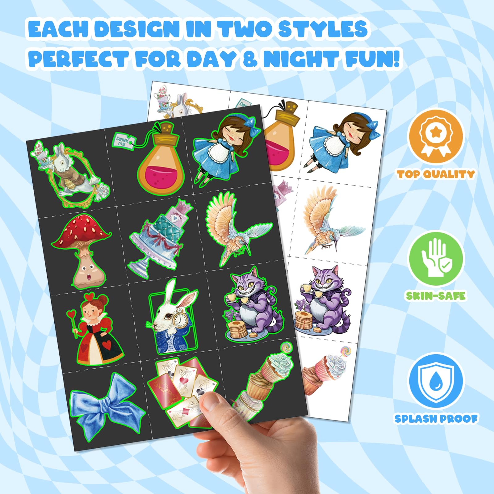 BOIKOKY 96 PCS Alice in Wonderland Party Favor Set – 72 Tattoos & 24 Slap Bracelets for Kids